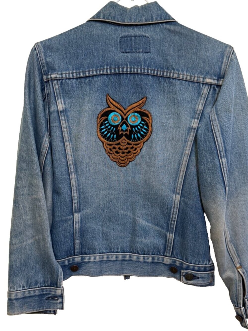 VINTAGE 70s LEVIS TYPE 3 DENIM JACKET EMBROIDERED OWL YOUTH 16 WOMENS M 38"x22"